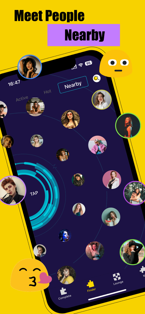 Flirt Casual Dating App - Rizz - A screenshot of the Rizz dating app interface showing the Nearby Finder feature with circular profile pictures of local users on a radar-themed screen.