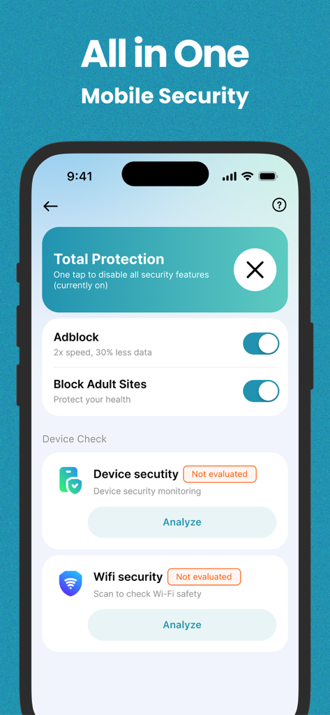 AI Cleaner - Free up Storage - AI Cleaner app interface displaying mobile security features including adblock and device security check