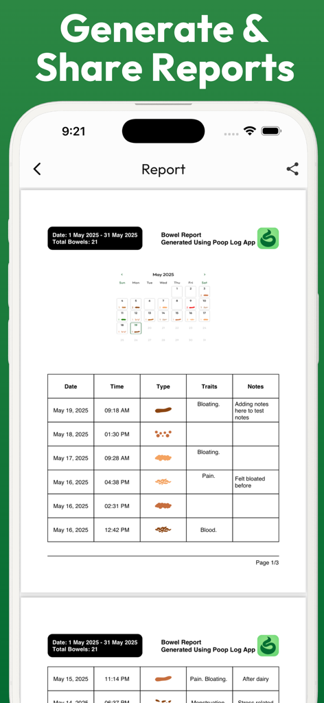 A mobile app screen showing a generated bowel movement report with a calendar and detailed data table