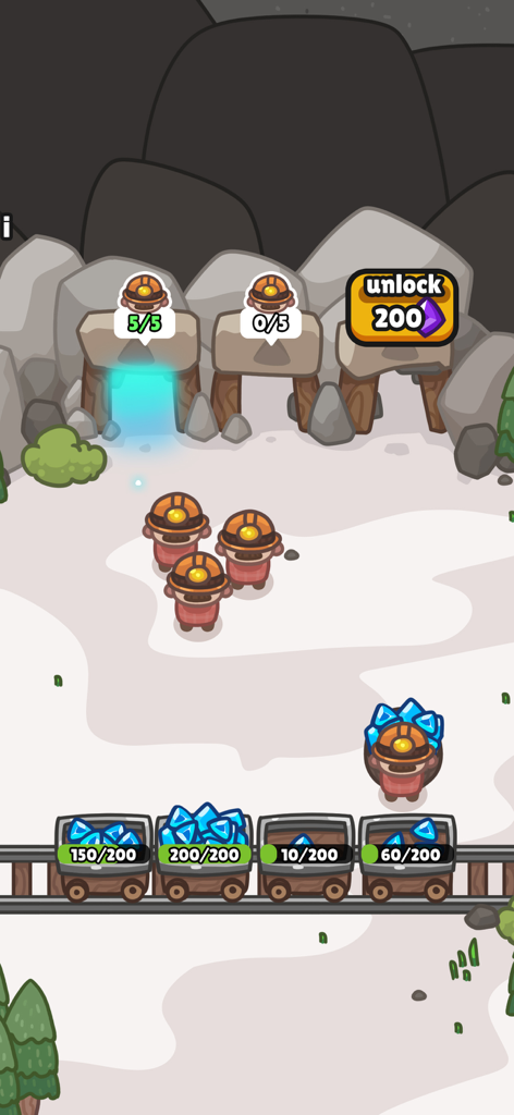 Adorable characters mining blue crystals into carts in Farm Bliss Tycoon