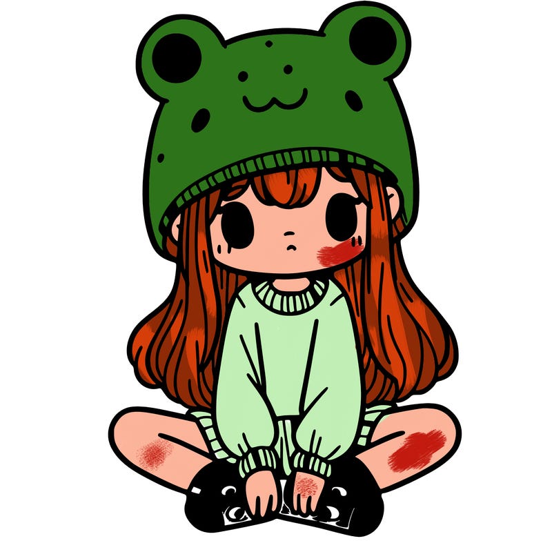 a girl wearing a frog hat and some frog socks