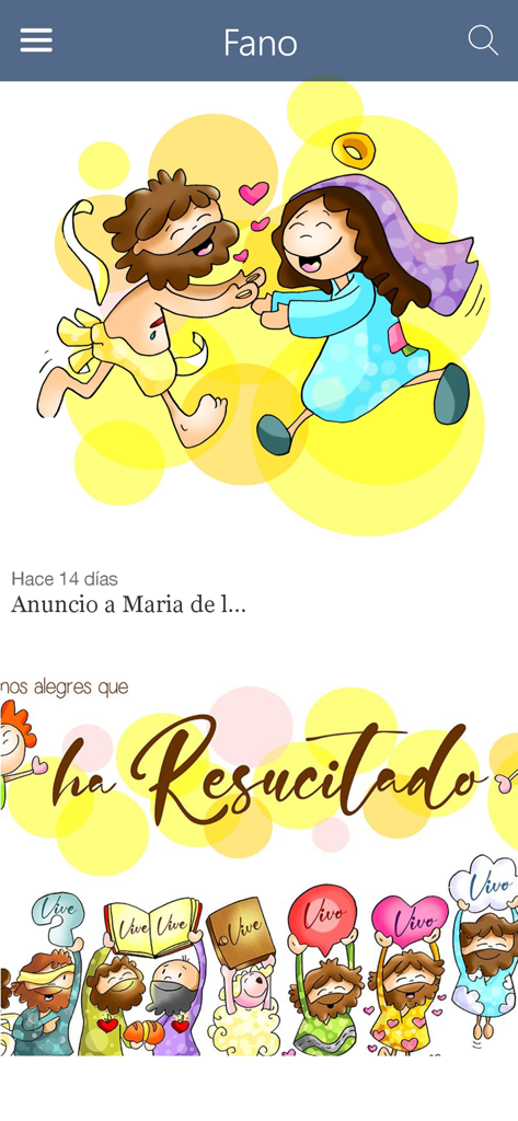 DiocesisMalaga - Screenshot of the DiocesisMalaga app showing colorful religious cartoon illustrations by Fano depicting the Resurrection.
