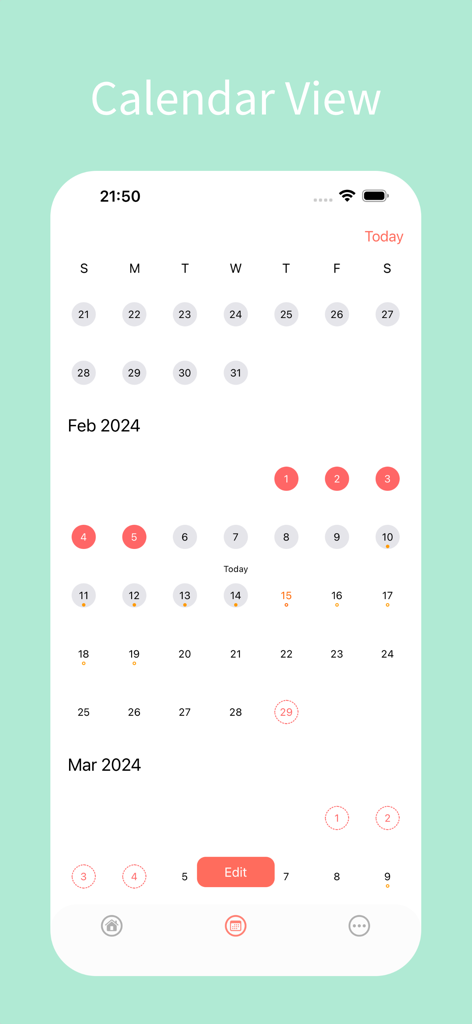 Period Tracker - Cycle Log App - Vista de calendario de la aplicación Rastreador de Períodos que muestra las fechas del ciclo menstrual y la ovulación