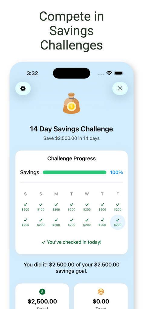 Bill Tracker Pro - Bill Tracker Pro app interface showing a completed 14 day savings challenge goal