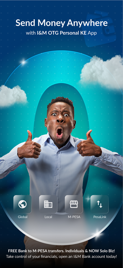 I&M OTG Personal KE - Werbebildschirm für die I&M OTG Banking App mit Hervorhebung von globalen und lokalen Geldtransferfunktionen