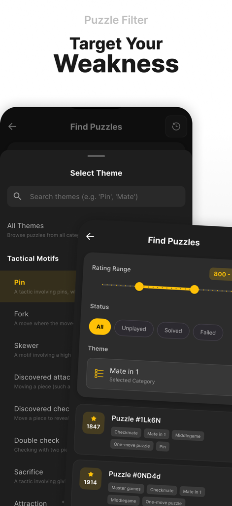Interfaz de filtro de puzzles de la aplicación Lina Chess mostrando filtros de puzzles tácticos y selección de rango de puntuación para entrenamiento dirigido.