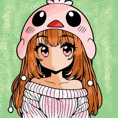 anime girl with chick shaped hat with sweater with bare shoulders with bangs covering them one eye with low tail