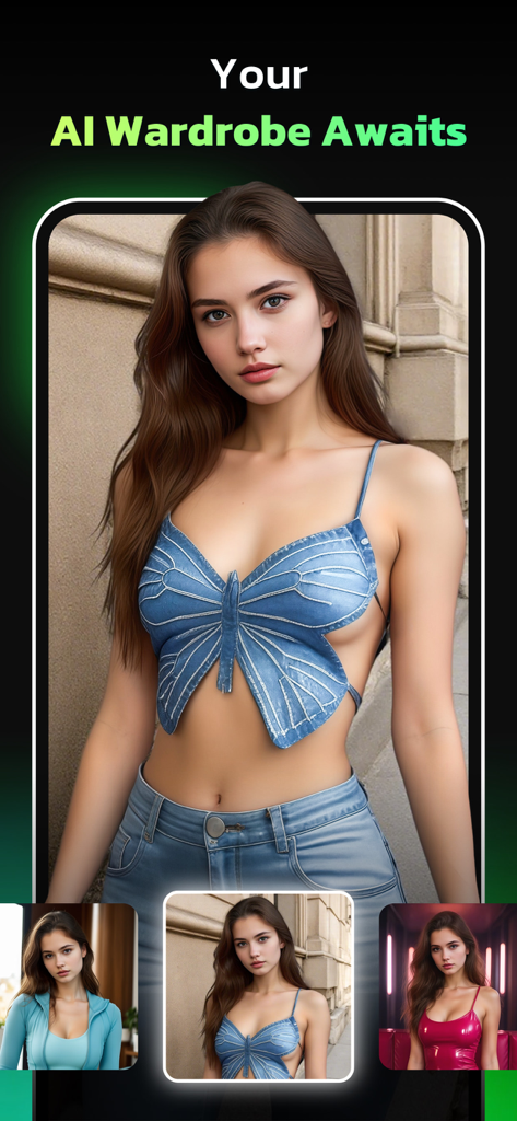 AI Photo Editor - AI Morph - AI Photo Editor app interface showing a virtual wardrobe feature with different outfit options for a woman