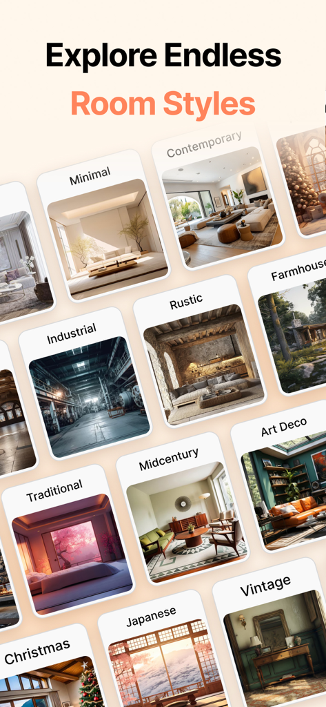 AI Interior Design -AI Home - A collection of interior design style cards featuring Minimal, Rustic, Contemporary, and Art Deco themes in the AI Home app