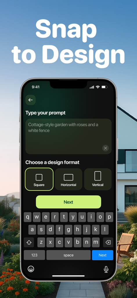 AI Garden Design AI Landscape - Interface of the AI Garden Design app showing a text prompt for a cottage style garden and options to choose square, horizontal, or vertical formats.