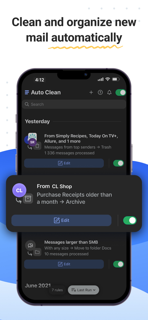 Clean Email — Inbox Cleaner - Interface of the Clean Email app showing the Auto Clean feature with automated rules for organizing emails.