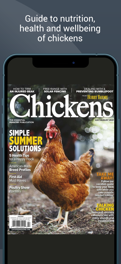 Captura de tela do aplicativo Chickens Magazine com uma capa com uma galinha marrom e artigos sobre saúde avícola e soluções de verão.