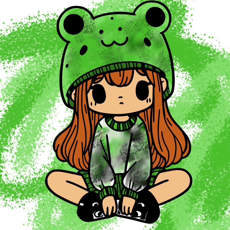 a girl wearing a frog hat and some frog socks