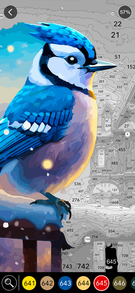 Christmas Paintings - Un pájaro arrendajo azul siendo coloreado en la interfaz de una aplicación digital de pintar por números