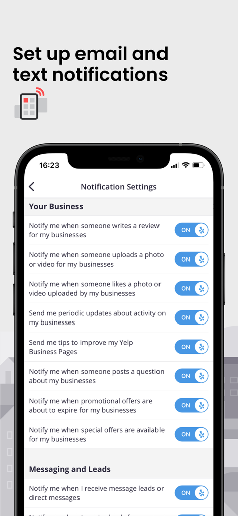 Yelp for Business app notification settings screen showing toggles for review and message alerts
