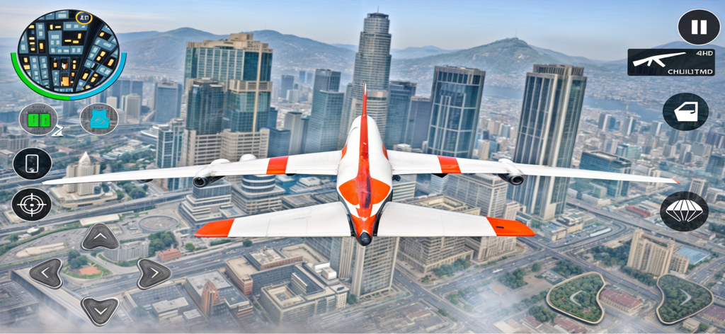 City Gangster Mafia Crime Game - Un avión blanco y naranja volando sobre una ciudad moderna con rascacielos en City Gangster Mafia Crime Game.