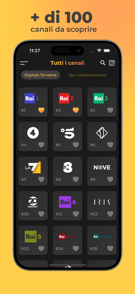 Guida Programmi TV - Pantalla de smartphone que muestra una cuadrícula de canales de televisión italianos como Rai y Mediaset en la aplicación Guida Programmi TV.