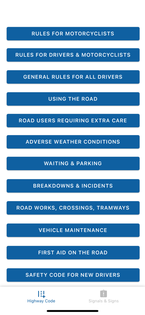 Turks & Caicos Driving Theory - A list of driving theory study topics in the Turks and Caicos Highway Code app including rules for motorcyclists, road usage, and vehicle maintenance.