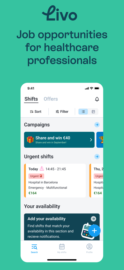 Interfaz de la app móvil Livo que muestra turnos urgentes de salud y oportunidades de empleo.