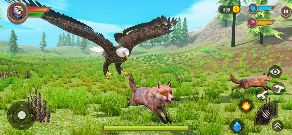 Real Eagle Simulator Bird Game - Gameplay screenshot of Real Eagle Simulator showing an eagle hunting foxes in a grassy field