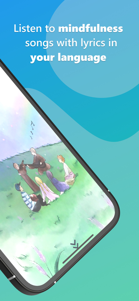 A group of people playing music in a peaceful field with text about mindfulness songs with lyrics.