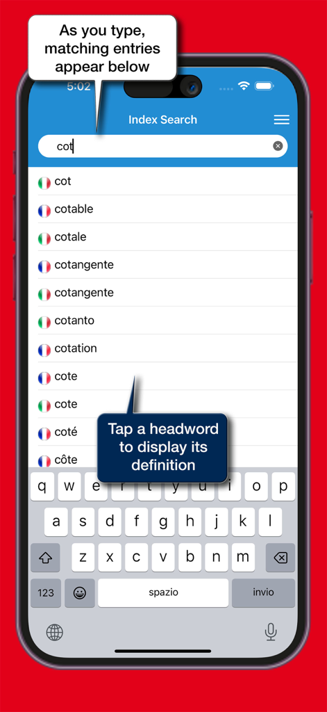 il Sansoni Francese - Index search screen of il Sansoni Francese app showing bilingual results for Italian and French headwords as the user types.
