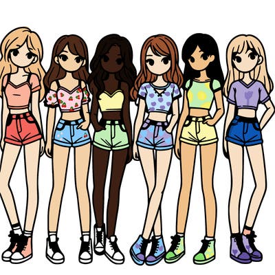 a group of girls wearing crop tops and shorts