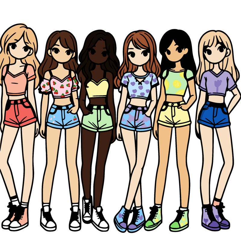 a group of girls wearing crop tops and shorts