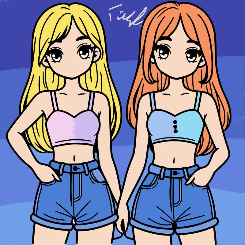 two sisters with crop tops and jean shorts and straight hair