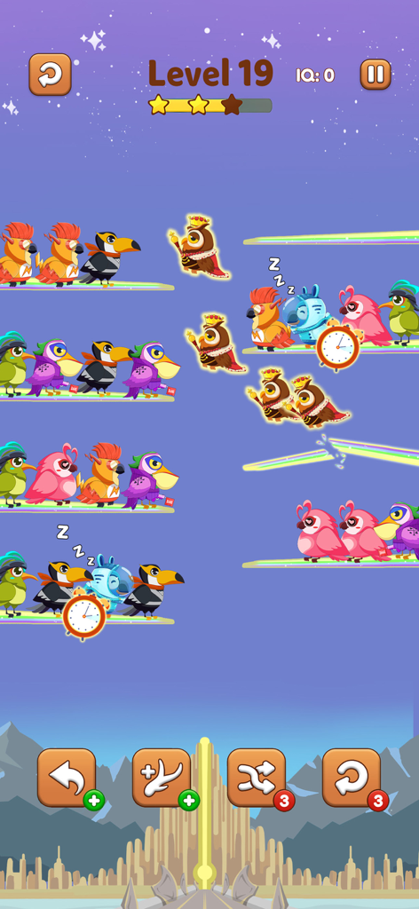 Bird Sort 2 Color Puzzle Game - Gameplay screen of Bird Sort 2 showing various birds to be sorted on rainbow branches