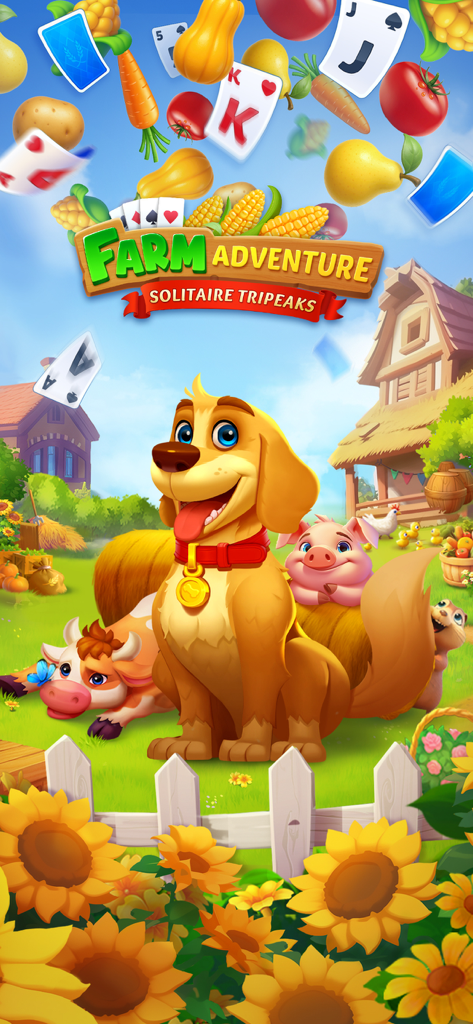 A cheerful dog and farm animals surrounded by playing cards and crops in Solitaire Farm Adventure