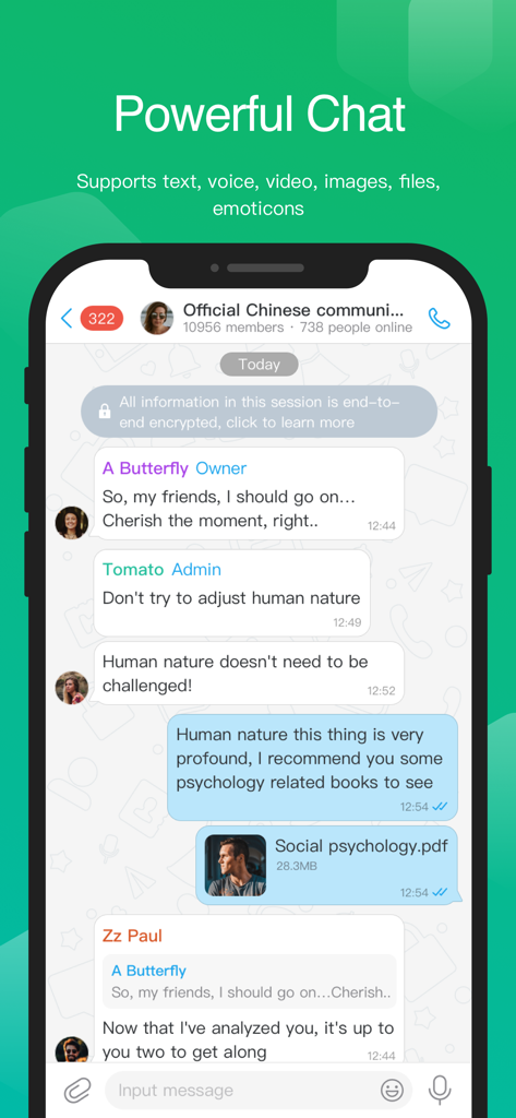 Ant Messenger app interface showing an encrypted group chat and file sharing.
