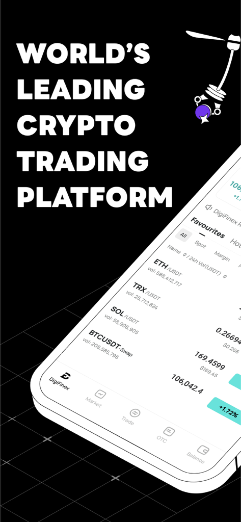 DigiFinex - crypto exchange - DigiFinex 모바일 앱 인터페이스는 인기 있는 암호화폐 거래 쌍과 세계 최고의 암호화폐 거래 플랫폼 슬로건을 표시합니다.