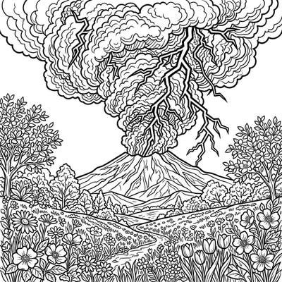 Witness nature's incredible forces with this unique coloring page featuring a volcano erupting with lightning amidst a beautiful spring landscape. Experience the captivating contrast between raw power and blooming serenity as you bring this scene to life.