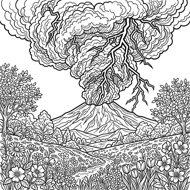 Witness nature's incredible forces with this unique coloring page featuring a volcano erupting with lightning amidst a beautiful spring landscape. Experience the captivating contrast between raw power and blooming serenity as you bring this scene to life.