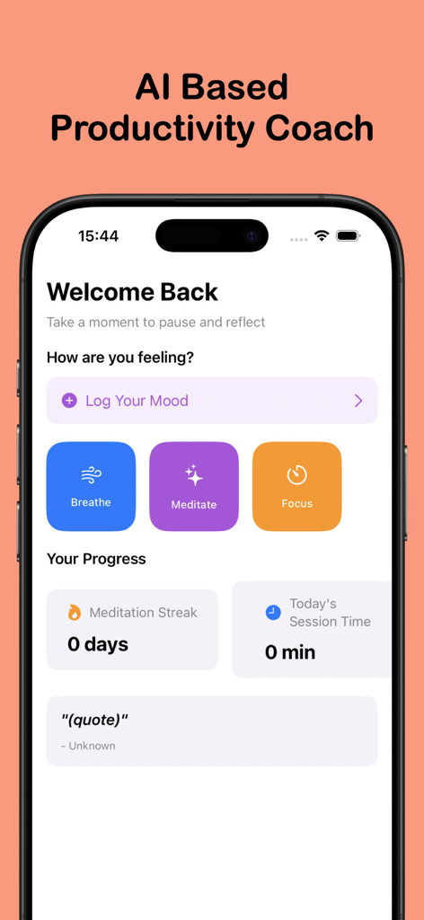 Take Breath - Meditation Focus - Dashboard dell'app di meditazione Take Breath che mostra le funzionalità di registrazione dell'umore e monitoraggio dei progressi