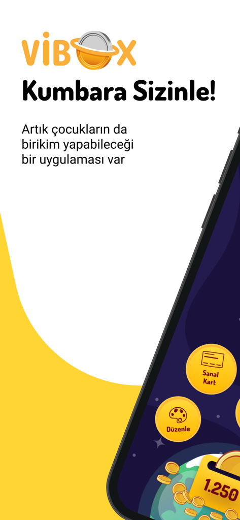 Vibox - Pantalla introductoria de la aplicación bancaria para niños Vibox que muestra características de hucha digital y tarjeta virtual