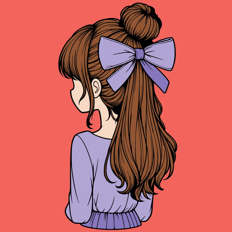 realistic girl  with hip length hair a bun and a big bow on the back of head