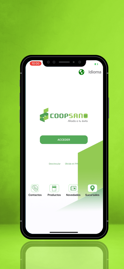 Pantalla de inicio de sesión de la app COOPSANO Personal con el logo de la empresa y el botón de acceso