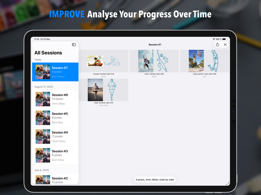 Una pantalla de iPad que muestra el historial de sesiones en la aplicación Quick Poses con bocetos e imágenes de referencia para el seguimiento del progreso.