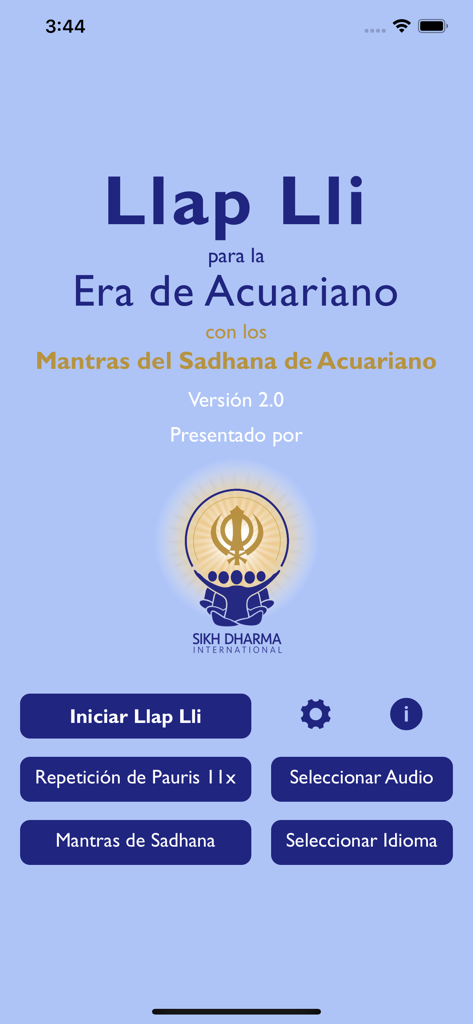 Japji for the Aquarian Age - Menu principal de l'application Japji pour l'Âge du Verseau en espagnol présentant des mantras de Sadhana et des outils spirituels.
