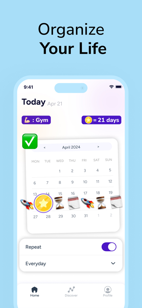 Mindway: Daily Routine Planner - Mindway app interface showing a monthly calendar with habit tracking progress and a 21-day gym streak