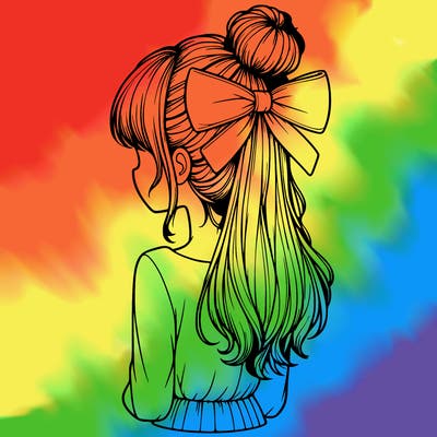 realistic girl  with hip length hair a bun and a big bow on the back of head