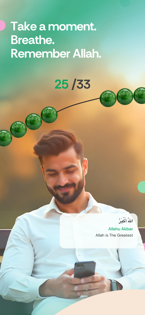 Homem usando tasbih digital no aplicativo Muslim Pro para lembrança espiritual