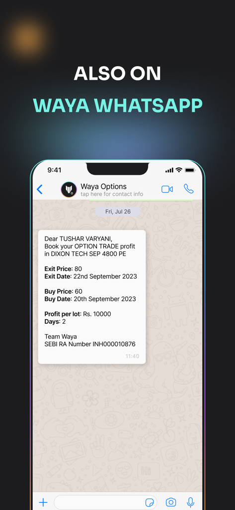 Mobile screen showing Waya options trading alerts on WhatsApp with buy and exit price details