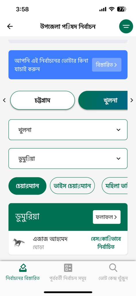 Mobile screen showing Upazila Parishad election results and candidate information in the Smart Election Management BD app.