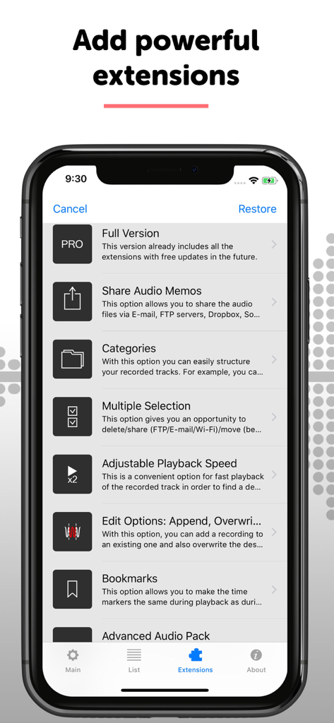 Dictaphone - Audio Recorder - A smartphone screen displaying a list of professional extensions for the Dictaphone audio recorder app including editing and sharing tools.