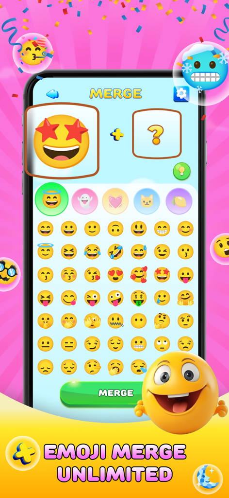 Emoji Merge - Fun Emoji Game - Mobile Spielbildschirm, der die Emoji-Merge-Oberfläche mit einem Raster aus Emoticons und einem sternäugigen Emoji zum Zusammenführen zeigt.