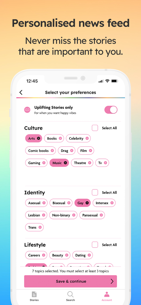PinkNews app interface showing preferences for a personalized news feed and the uplifting stories toggle