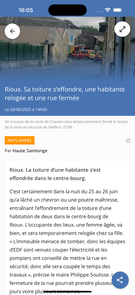Un article d'actualité sur un événement local à Rioux affiché sur l'application mobile Journal Haute Saintonge.